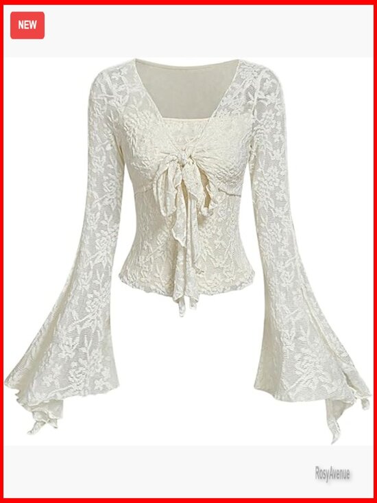 Tops - Women's Mesh Bell Sleeve Tie Front Top Long Sleeve Going Out Party Top